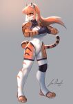  abs anthro breasts brown_hair cleavage_cutout clothing felid female fur gloves hair handwear hi_res jecbrush legwear leotard mammal muscular muscular_anthro muscular_female orange_body orange_fur pantherine pose solo standing stockings thigh_highs tiger whiskers 