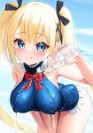  1girl :q ass azur_lane bare_legs bare_shoulders beach bent_over black_ribbon blonde_hair blue_eyes blush bottle bow bowtie breasts butt_crack covered_nipples cowboy_shot dead_or_alive dead_or_alive_xtreme hair_between_eyes hair_ornament hair_ribbon highres humo long_hair looking_at_viewer marie_rose marie_rose_(devilish_servant_against_the_splashing_waves) medium_breasts ocean one-piece_swimsuit outdoors red_bow red_bowtie ribbon skin_tight smile solo spilling swimsuit teasing thighs tongue tongue_out twintails very_long_hair water_bottle x_hair_ornament 