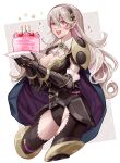  1girl armor birthday birthday_cake black_leotard blush breasts cake cape cleavage corrin_(fire_emblem) fire_emblem fire_emblem_fates food fruit gloves hair_between_eyes hair_ornament hairband highres holding holding_cake holding_food holding_plate leotard long_hair open_mouth plate pointy_ears red_eyes shoulder_armor simple_background smile sobasakuhin solo strawberry white_hair 