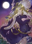  blonde_hair bow buttons covering_mouth crescent dax5f98duyq6wn4 dress frilled_hat frilled_skirt frills full_moon hair_over_one_eye hand_over_own_mouth hat hat_bow highres kirisame_marisa kirisame_marisa_(pc-98) long_hair long_sleeves moon phantasmagoria_of_dim.dream purple_dress purple_headwear ribbon skirt sky smile star_(sky) starry_sky touhou touhou_(pc-98) tree turtleneck wide_sleeves witch_hat yellow_bow yellow_eyes 