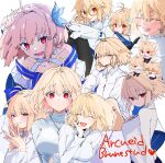  1girl :&lt; :d ^_^ ahoge animal_ears antenna_hair archetype_earth arcueid_brunestud artist_name blonde_hair blue_flower blush breasts cat_ears character_name citron80citron closed_eyes collared_shirt dress fate/grand_order fate_(series) flower glasses hair_between_eyes hair_flower hair_intakes hair_ornament hand_on_own_chin long_sleeves looking_at_viewer medium_breasts multiple_persona multiple_views open_mouth own_hands_together red_eyes round_eyewear shirt short_hair simple_background smile strapless strapless_dress sweater tsukihime turtleneck turtleneck_sweater white_background white_dress white_shirt white_sweater 