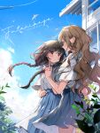  2girls blue_sky blush braid brown_hair cloud cloudy_sky commentary_request copyright_name couple day futaribeya highres holding_hands interlocked_fingers kawawa_sakurako light_brown_hair long_hair looking_at_another multiple_girls open_mouth outdoors pleated_skirt red_eyes ribbon school_uniform shirt short_sleeves skirt sky swept_bangs twin_braids wavy_hair white_shirt yamabuki_kasumi yellow_eyes yukiko_(tesseract) yuri 