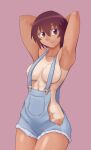  1girl abs armpits arms_behind_head arms_up azumanga_daioh blue_overalls breasts brown_eyes brown_hair closed_mouth collarbone commentary cowboy_shot cutoffs dark-skinned_female dark_skin groin hair_between_eyes highres kagura_(azumanga_daioh) large_breasts light_smile long_bangs looking_at_viewer muscular muscular_female naked_overalls no_bra no_panties no_shirt one-piece_tan overalls pink_background reqqles revealing_clothes romaji_commentary short_hair side_slit sideboob simple_background smile solo standing tan tanlines tomboy underboob 
