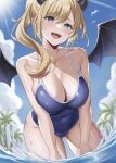  1girl :d absurdres ass_visible_through_thighs bird blonde_hair blue_eyes blue_one-piece_swimsuit blue_sky blush breasts cloud collarbone covered_navel day demon_girl demon_horns demon_wings floating_hair hair_over_shoulder highres hololive horns large_breasts leaning_forward nekorone0222 one-piece_swimsuit open_mouth outdoors palm_tree ponytail skindentation sky smile swimsuit tree virtual_youtuber wading wet wings yuzuki_choco 