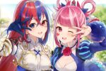  2girls alear_(female)_(fire_emblem) alear_(fire_emblem) blue_eyes blue_hair blush braid breasts cleavage_cutout clothing_cutout crossed_bangs crown_braid dress facial_mark fire_emblem fire_emblem_engage gloves hair_rings haru_(nakajou-28) heart heart_facial_mark heterochromia hortensia_(fire_emblem) long_hair long_sleeves looking_at_viewer medium_breasts multicolored_hair multiple_girls pink_eyes pink_hair red_eyes red_hair smile split-color_hair tiara two-tone_hair v very_long_hair 