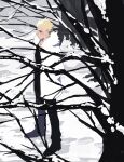  1boy blonde_hair blush branch breath closed_mouth coat earrings fate_(series) from_side full_body gilgamesh_(fate) hal_(haaaalhal) hands_in_pockets highres jewelry looking_ahead male_focus outdoors short_hair snow solo standing white_coat winter 