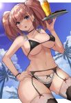  1girl alternate_costume atlanta_(kancolle) bikini black_bikini black_garter_belt black_thighhighs blue_sky blush bracelet breasts brown_hair cleavage cloud commentary_request earrings garter_belt grey_eyes hand_on_own_hip hand_up highres holding holding_tray jewelry kantai_collection kihou_no_gotoku_dmc lace-trimmed_legwear lace_trim large_breasts long_hair maid maid_bikini navel open_mouth outdoors palm_tree single_earring sky solo star_(symbol) star_earrings string_bikini sun sweat swimsuit thighhighs thighs tray tree two_side_up unconventional_maid 