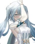 1girl arm_up blue_hair breasts commentary dress faruzan_(genshin_impact) genshin_impact green_eyes highres kangshi medium_breasts short_sleeves simple_background solo twintails upper_body white_background white_dress 