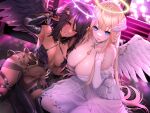  2girls ahoge angel angel_wings arm_support arm_up armor black_hair black_thighhighs black_wings blonde_hair blue_eyes blush breasts criss-cross_halter dark-skinned_female dark_skin detached_collar detached_sleeves dress flower from_above halo halterneck hand_on_own_chest head_tilt head_wings highres indoors large_breasts latex latex_thighhighs legwear_garter long_hair long_sleeves looking_at_viewer masami_chie medium_breasts multiple_girls navel off-shoulder_dress off_shoulder original pantyhose parted_lips red_eyes rose see-through sitting smile thighhighs very_long_hair white_bridal_gauntlets white_dress white_flower white_pantyhose white_rose white_wings wings yokozuwari 