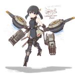  1girl bare_shoulders battle_of_titans belt black_hair black_pantyhose blue_eyes clenched_hand cormorant_(battle_of_titans) exoskeleton fingerless_gloves floating gatling_gun gloves hair_ribbon highres hozukikasumi leg_belt looking_at_viewer mecha_musume mechanical_legs mechanical_parts minigun multishot_rocket_launcher pantyhose personification ribbon rocket_launcher short_twintails thrusters twintails utility_belt weapon yellow_ribbon 