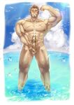  1boy :d abs absurdres alternate_pectoral_size bara beach biceps blue_eyes blush brown_hair bulge completely_nude cross_scar cum day erection facial_hair fate/grand_order fate_(series) feet_out_of_frame flexing foreskin gatta_(gatta_reve_cat) goatee grin highres huge_pectorals large_penis long_sideburns looking_at_viewer male_focus male_masturbation male_swimwear masturbation mature_male muscular muscular_male napoleon_bonaparte_(fate) nipples nude ocean open_mouth outdoors pectorals penis projectile_cum scar scar_on_chest short_hair sideburns smile solo sparkle_censor standing stomach summer sunlight thick_thighs thighs veins veiny_penis water 