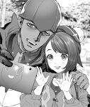  1boy 1girl backpack bag commentary_request dark-skinned_male dark_skin gloria_(pokemon) greyscale hat headband height_difference kimidake monochrome open_mouth pokemon pokemon_(game) pokemon_swsh raihan_(pokemon) rotom rotom_phone selfie smile swept_bangs tam_o&#039;_shanter tree 