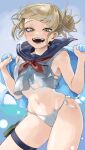  1girl :d absurdres bags_under_eyes bikini blonde_hair blue_sailor_collar boku_no_hero_academia crop_top double_bun fangs fengling_(furin-jp) hair_bun highres holding holding_towel looking_at_viewer messy_hair navel neckerchief open_mouth sailor_collar side-tie_bikini_bottom slit_pupils smile solo swimsuit thigh_strap toga_himiko towel white_bikini yellow_eyes yellow_neckerchief 