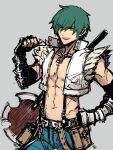  1boy axe belt black_gloves blue_pants brown_belt commentary_request cowboy_shot crop_top eyes_visible_through_hair fingerless_gloves fur-trimmed_shirt fur_trim gloves green_hair hair_between_eyes hand_on_own_hip howard_alt-eisen jewelry kusabi_(aighe) long_bangs looking_at_viewer male_focus navel necklace open_clothes open_mouth open_shirt pants pouch ragnarok_online shirt short_hair simple_background smile solo suspenders thumbs_up toned toned_male vambraces white_shirt whitesmith_(ragnarok_online) yellow_eyes 