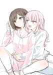  2girls bang_dream! blue_pajamas blue_pants blue_shirt blush braid brown_eyes brown_hair closed_mouth collarbone commentary_request frilled_shirt frills hair_twirling hazawa_tsugumi hood hoodie hug hug_from_behind long_hair long_sleeves maruyama_aya multiple_girls open_mouth pajamas pants pink_eyes pink_hair pink_hoodie pink_pajamas pink_shorts shirt short_hair shorts side_braid sidelocks simple_background takeshisu white_background yuri 