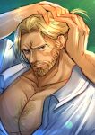  1boy absurdres alternate_body_hair bara cheekbones chest_hair guile highres huge_pectorals kageru_(mofnyan) looking_at_viewer male_focus mature_male muscular muscular_male official_alternate_costume official_alternate_hair_length official_alternate_hairstyle partially_unbuttoned pectoral_cleavage pectorals seductive_smile smile solo street_fighter street_fighter_6 thick_eyebrows tying_hair upper_body 
