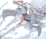  1girl black_gloves black_sailor_collar chou-10cm-hou-chan_(fuyutsuki&#039;s) commentary_request corset fuyutsuki_(kancolle) gegeron gloves grey_eyes grey_hair grey_neckerchief grey_shawl grey_thighhighs half_gloves headband highres kantai_collection long_hair looking_at_viewer machinery microskirt neckerchief one_side_up sailor_collar school_uniform serafuku shawl skirt solo thighhighs white_background white_headband white_sailor_collar 