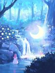  1girl absurdres artist_name bush commentary_request crescent dress facing_away forest from_behind glowing hand_up highres long_hair nature original outdoors pink_hair rock short_sleeves signature solo standing star_(symbol) tree wading water waterfall white_dress wide_shot yuzuki_kino 
