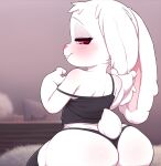  anthro bedroom_eyes big_ears buckteeth butt clothing ear_grab female fur hi_res kionant lagomorph legwear leporid long_ears mammal narrowed_eyes panties rabbit rear_view seductive shirt sitting solo stockings tank_top teeth topwear underwear white_body white_fur 