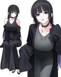  1girl black_choker black_dress black_footwear black_hair bocchi_the_rock! breasts chin_piercing choker cleavage collarbone dress ear_piercing green_eyes grey_dress highres large_breasts multiple_views mx2j pa-san piercing simple_background sitting smile white_background 