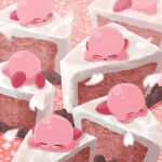  cake cake_slice cherry_blossoms clone closed_eyes falling_petals food food_focus highres kirby kirby&#039;s_dream_land kirby_(series) miclot no_humans open_mouth petals pink_theme sleeping 