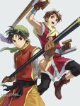  2boys black_hair brown_eyes brown_hair circlet closed_mouth gensou_suikoden gensou_suikoden_ii gloves hairband headband indesign looking_at_viewer male_focus multiple_boys open_mouth riou_(suikoden) shirt short_hair simple_background smile tir_mcdohl weapon white_background 