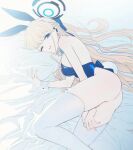 1girl animal_ears ass bed_sheet blonde_hair blue_archive blue_eyes blue_hair blue_halo blue_leotard braid breasts commentary detached_collar fake_animal_ears fake_tail halo highres ka02_(wqekf) leotard long_hair looking_at_viewer medium_breasts multicolored_hair official_alternate_costume playboy_bunny rabbit_ears rabbit_tail solo strapless strapless_leotard streaked_hair symbol-only_commentary tail thighhighs toki_(blue_archive) toki_(bunny)_(blue_archive) white_thighhighs wrist_cuffs 