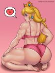  1girl ass backboob blonde_hair blue_eyes bra breasts censored cheekie crown earrings facing_away feet heart heart_censor highres jewelry kneeling large_breasts legs long_hair looking_at_viewer looking_back mario_(series) muscular muscular_female panties pink_bra pink_lips pink_panties princess princess_peach puckered_lips sitting smile solo speech_bubble sphere_earrings spoken_heart thick_thighs thighs underwear 