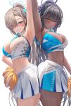  2girls arm_up armpits asuna_(blue_archive) asymmetrical_bangs bare_arms bare_shoulders black_hair blue_archive blue_eyes blush breasts cheering cheerleader closed_mouth commentary criss-cross_halter crop_top dark-skinned_female dark_skin detached_collar halo halterneck highres holding holding_pom_poms karin_(blue_archive) large_breasts light_brown_hair long_bangs looking_at_viewer midriff millennium_cheerleader_outfit_(blue_archive) miniskirt mole mole_on_breast multiple_girls navel parted_lips pleated_skirt pom_pom_(cheerleading) ponytail presenting_armpit silver_bullet_(ecc12_8) simple_background sketch skirt smile sports_bra star_sticker sticker_on_face stomach sweat symbol-only_commentary two-tone_skirt two-tone_sports_bra white_background white_skirt yellow_eyes 