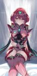  1girl armor black_gloves breasts chest_jewel dangle_earrings earrings fingerless_gloves gloves hair_between_eyes highres inoue_takuya_(tactactak) jewelry large_breasts looking_at_viewer parted_lips pyra_(xenoblade) red_armor red_eyes red_hair red_shorts red_thighhighs short_hair short_shorts shorts shoulder_armor sitting solo swept_bangs thighhighs tiara xenoblade_chronicles_(series) xenoblade_chronicles_2 