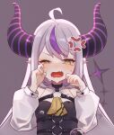  1girl ahoge angry ascot braid crying fang highres hololive horns la+_darknesss long_hair multicolored_hair neko_no_fuji pointy_ears puffy_sleeves purple_hair skin_fang streaked_hair striped_horns tears virtual_youtuber white_hair yellow_ascot yellow_eyes 