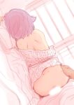  1boy 1girl ass back bare_shoulders censored commentary_request from_behind futon hetero idolmaster idolmaster_cinderella_girls indoors japanese_clothes kimono koshimizu_sachiko lying on_side pov purple_hair sakaki_imasato sex short_hair sweat white_kimono yukata 