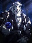  1boy animal_ears arknights bara bare_pectorals black_pants black_shirt blue_flower blue_rose bracelet english_commentary flower furry furry_male holding holding_flower jewelry kuron_(metokuron) looking_at_viewer moonlight mountain_(arknights) night night_sky pants pectorals rose shirt sky spiked_bracelet spikes tears tiger_boy tiger_ears tiger_stripes white_fur 