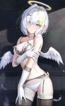  1girl angel angel_wings black_thighhighs blonde_hair blush breasts choker elbow_gloves feathered_wings frills garter_belt garter_straps gloves grey_hair hair_between_eyes hair_ornament hairclip halo highres kira_(kira78718520) large_breasts looking_at_viewer medium_hair multicolored_hair navel original pantyhose ribbon solo thighhighs underwear underwear_only white_gloves white_hair white_wings wings x_hair_ornament yellow_eyes yellow_ribbon 