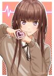  1girl absurdres amagami black_ribbon brown_hair brown_sweater cardiogram heart heart_hands highres kamizaki_risa kibito_high_school_uniform long_hair long_sleeves looking_at_viewer mitojyaneeeeyo purple_eyes ribbon school_uniform shirt solo sweater twitter_username upper_body white_shirt 