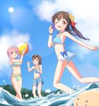  3girls ;d aqua_bikini ball bare_arms bare_legs bare_shoulders beachball belly_chain bikini bikini_shorts bikini_skirt black_hair blue_bikini blue_bow blue_hair blue_sky blunt_bangs blunt_ends bob_cut bow bow_bikini breasts brown_eyes brown_hair c: cloud commentary day eyewear_on_head flower hair_flower hair_ornament hair_ribbon hairclip heart heart-shaped_eyewear highres holding holding_ball holding_beachball hozuki_kaede hozuki_momiji jewelry large_breasts lens_flare long_hair looking_at_another looking_at_viewer low_twintails medium_breasts midriff multiple_girls navel necklace one_eye_closed onii-chan_wa_oshimai! outdoors oyama_mihari pink_hair purple_hair red_ribbon ribbon scrunchie seiyu_jelly short_hair shorts siblings side_ponytail sisters sky smile sun sunglasses swimsuit twintails wading water wrist_scrunchie 