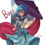  1girl blue_hair blue_skirt blue_vest closed_eyes commentary_request dated holding holding_umbrella juliet_sleeves karakasa_obake karumera long_sleeves puffy_sleeves purple_umbrella shirt signature skirt smile solo tatara_kogasa tongue touhou umbrella vest white_shirt 