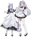  2girls absurdres alternate_costume alternate_hairstyle animal_ears apron black_dress black_footwear blunt_bangs blush bow bowtie dress enmaided frilled_apron frills full_body gold_ship_(umamusume) green_bow green_bowtie grey_hair hair_bun highres holding_hands horse_ears horse_girl long_hair looking_at_viewer maid maid_apron maid_headdress mary_janes mejiro_mcqueen_(umamusume) multiple_girls puffy_short_sleeves puffy_sleeves purple_eyes purple_hair red_bow red_bowtie red_eyes shoes short_sleeves simple_background smile swept_bangs thighhighs twintails umamusume unneul waist_apron white_apron white_background white_thighhighs 