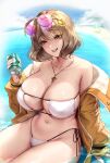  1girl absurdres anis_(nikke) anis_(sparkling_summer)_(nikke) bare_shoulders bikini breasts brown_hair can cian_yo cleavage collarbone eyewear_on_head goddess_of_victory:_nikke grin hair_ornament highres holding holding_can jacket jewelry knee_up large_breasts long_sleeves looking_at_viewer navel necklace off_shoulder official_alternate_costume open_clothes open_jacket parted_lips short_hair side-tie_bikini_bottom sitting smile star_(symbol) star_necklace sunglasses swimsuit teeth thighs wet white_bikini yellow_eyes yellow_jacket 
