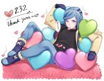  1boy blue_eyes blue_hair blush boots commentary_request eyelashes full_body grusha_(pokemon) heart highres jacket leaning long_sleeves male_focus mittens mocacoffee_1001 mouth_hold open_clothes open_jacket pants pokemon pokemon_(game) pokemon_sv shirt signature solo thank_you thought_bubble translation_request yellow_jacket 