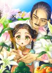  1boy 2girls :o absurdres black_hair blue_sky braid braided_ponytail brown_hair cherry_blossoms chinese_clothes day double_bun earrings facial_hair father_and_daughter flower food fruit hair_bun highres ikeda_tsukasa incense jewelry lau_chan multiple_girls mustache outdoors pai_chan ponytail religious_offering sky twin_braids twintails virtua_fighter yellow_eyes 