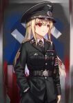 1girl armband belt blonde_hair cosplay cross half_updo hand_in_pocket hat highres huihuang_rongyao iron_cross john_smith_(the_man_in_the_high_castle) john_smith_(the_man_in_the_high_castle)_(cosplay) long_hair medal meme military_hat nazi red_eyes shoulder_patches solo swastika the_man_in_the_high_castle waffen-ss 