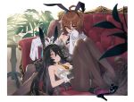  2girls absurdres agnes_tachyon_(umamusume) ahoge animal_ears bare_arms bare_shoulders black_footwear black_gloves black_hair blurry blurry_foreground border breasts brown_hair brown_pantyhose closed_mouth coat couch cup detached_collar empty_eyes expressionless eyebrows_hidden_by_hair fake_animal_ears feet_out_of_frame full_body furrowed_brow gloves grey_leotard hair_between_eyes hairband hand_rest hands_up high_heels highres horse_tail knees_up lab_coat lap_pillow leotard light_smile long_bangs long_hair long_sleeves looking_at_viewer lying manhattan_cafe_(umamusume) medium_breasts medium_hair multiple_girls necktie on_back on_couch open_clothes open_coat outside_border pantyhose parted_lips plant playboy_bunny rabbit_ears red_eyes sarcophage saucer shoe_dangle shoes single_shoe sitting sleeves_past_fingers sleeves_past_wrists small_breasts strapless strapless_leotard table tail umamusume very_long_hair white_border white_coat white_leotard wrist_cuffs yellow_eyes 