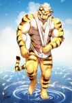  abs absurd_res anthro badtiger biceps erection eyes_closed felid genitals hair hi_res male mammal multicolored_body muscular muscular_male nipples outside pantherine pecs penis sky solo standing striped_body stripes tail tiger water 