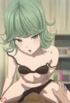  1boy 1girl black_bra black_panties blurry blurry_background bra breasts bulge collarbone commentary curly_hair english_commentary eyebrows_hidden_by_hair eyelashes foreshortening green_eyes grey_hair groin hand_on_another&#039;s_thigh head_tilt hetero highres indoors keihh leaning_forward light_blush looking_at_viewer medium_hair midriff navel off_shoulder one-punch_man open_mouth panties pov signature small_breasts straight-on tatsumaki thighs underwear underwear_only upturned_eyes 