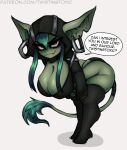  bent_over big_breasts breasts cleavage clothed clothing dialogue ear_piercing ear_ring female goblin green_body green_skin hoodie humanoid not_furry piercing ring_piercing smile solo topwear twistingtoxic 