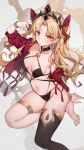  1girl alternate_costume arm_up bare_shoulders barefoot bikini bison_cangshu black_bikini black_choker black_thighhighs blonde_hair bracelet breasts choker closed_mouth earrings ereshkigal_(fate) fate/grand_order fate_(series) frown gold_trim highres jacket jewelry long_hair long_sleeves looking_at_viewer medium_breasts navel off_shoulder open_clothes open_jacket parted_bangs red_eyes red_jacket single_thighhigh skindentation solo stomach string_bikini swimsuit thighhighs thighlet thighs tiara two_side_up v-shaped_eyebrows very_long_hair 