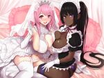  2girls :d absurdres apron ass bare_shoulders bed bed_sheet black_dress black_hair blush breast_press breasts bridal_veil cleavage cleavage_cutout clothing_cutout dark-skinned_female dark_skin dress elbow_gloves frills garter_belt garter_straps gloves highres large_breasts long_hair looking_at_viewer maid maid_headdress multiple_girls navel on_bed open_mouth original panties pillow pink_eyes pink_hair ponytail puffy_short_sleeves puffy_sleeves purple_eyes short_dress short_sleeves sitting smile teeth thighhighs thighs thong tiara underwear untue upper_teeth_only veil very_long_hair waist_apron white_apron white_dress white_gloves white_thighhighs 