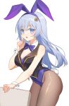  1girl :o black_vest blue_eyes blue_hair breasts date_a_live highres izayoi_miku large_breasts long_hair open_mouth playboy_bunny purple_ribbon ribbon solo thighs upper_body vest wavy_hair yunweishukuang 