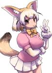  1girl animal_ear_fluff animal_ears arm_under_breasts black_hair bow bowtie breasts closed_mouth fennec_(kemono_friends) gloves highres kemono_friends large_breasts looking_at_viewer multicolored_hair orange_eyes orange_hair pleated_skirt puffy_sleeves short_hair short_sleeves simple_background skirt solo tail w white_background white_gloves white_hair white_skirt yachima_tana 